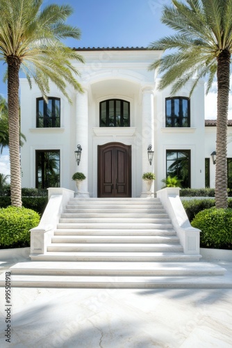 A modern, elegant white house with a grand entrance, featuring palm trees and a wide staircase leading to a dark wooden door.