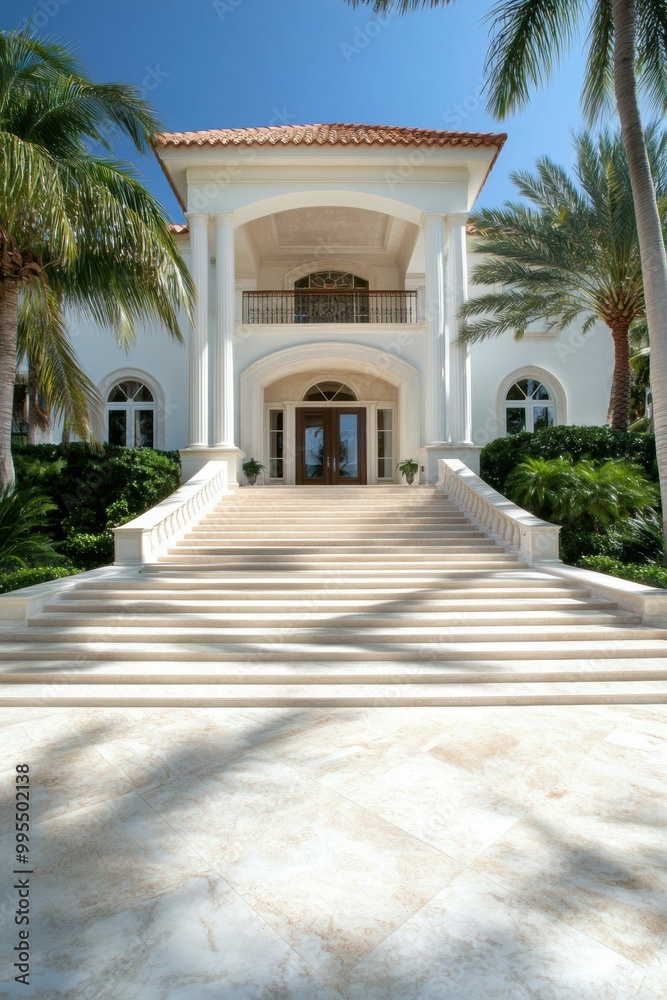 A stunning, luxurious mansion featuring a grand entrance surrounded by lush greenery and bright sunshine. A stunning, luxurious mansion featuring a grand entrance surrounded by lush greenery and bright sunshine.