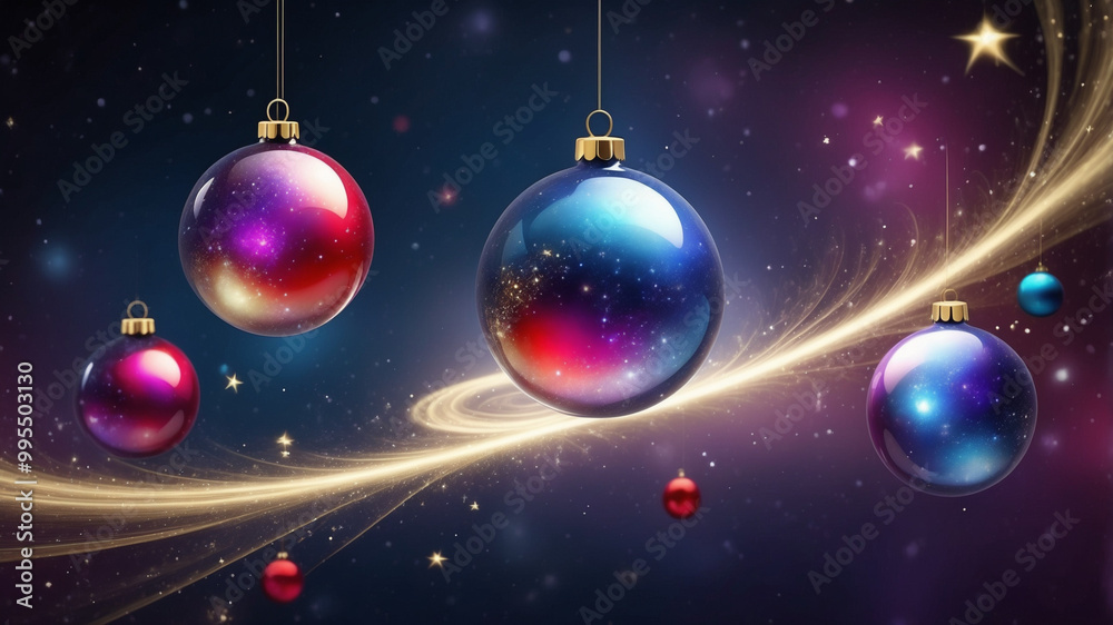 Fototapeta premium An Abstract Christmas Ornaments in a Swirling Galaxy floating in a colorful swirling galaxy