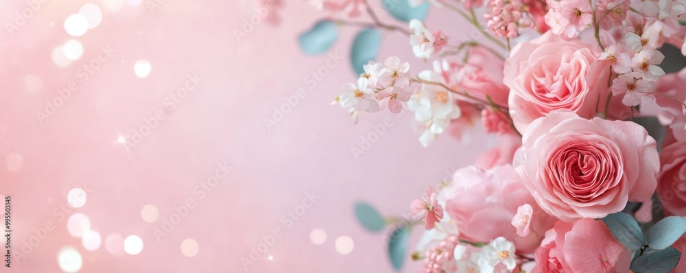Soft pink roses and delicate flowers create a romantic, dreamy backdrop with a blurred bokeh effect. Soft pink roses and delicate flowers create a romantic, dreamy backdrop with a blurred bokeh effect.