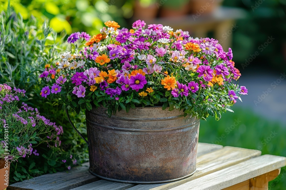 A Rustic Metal Pot Overflowing with Colorful Flowers A Rustic Metal Pot Overflowing with Colorful Flowers