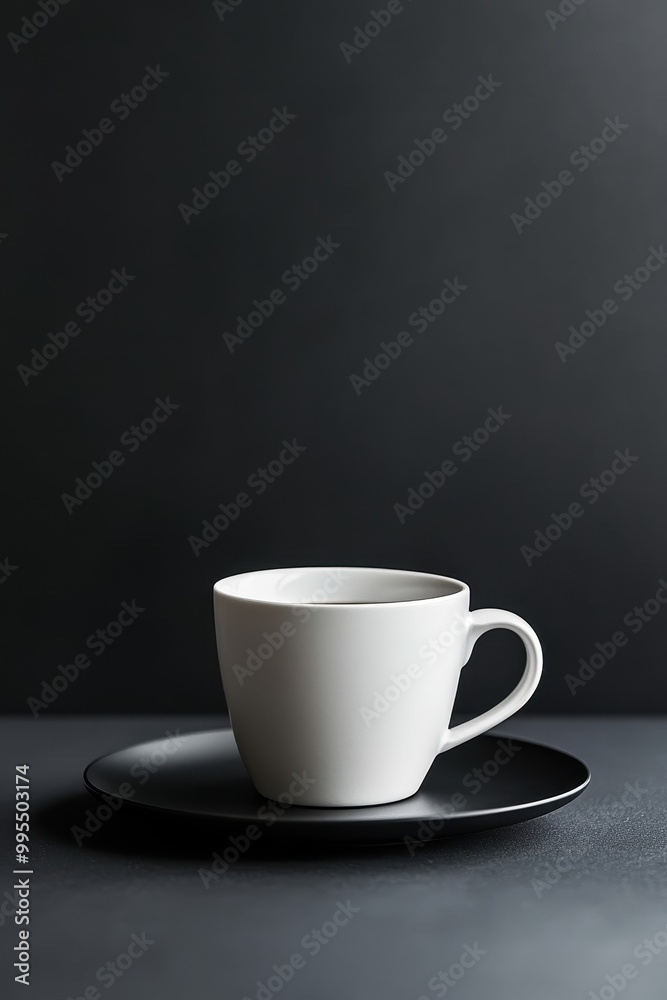 Minimalist White Cup on Black Saucer with Simple Design Minimalist White Cup on Black Saucer with Simple Design