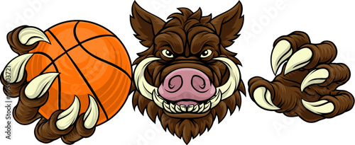 A wild boar, hog razorback warthog pig mean tough cartoon sports mascot holding a basketball ball photo