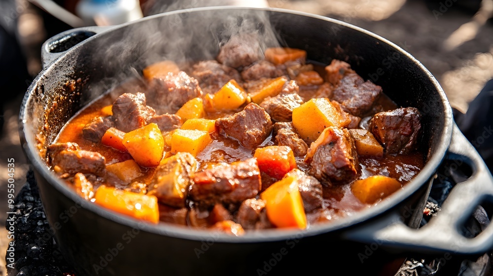Bubbling Campfire Stew in Dutch Oven with Chunks of Meat and Vegetables Simmering Over Crackling Flames in the Rustic Wilderness Bubbling Campfire Stew in Dutch Oven with Chunks of Meat and Vegetables Simmering Over Crackling Flames in the Rustic Wilderness