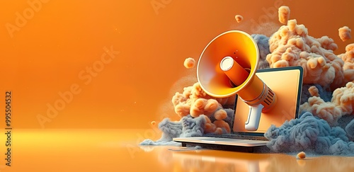 A megaphone pops out of a laptop screen, surrounded by abstract shapes and color, symbolizing the power of digital marketing and communication.