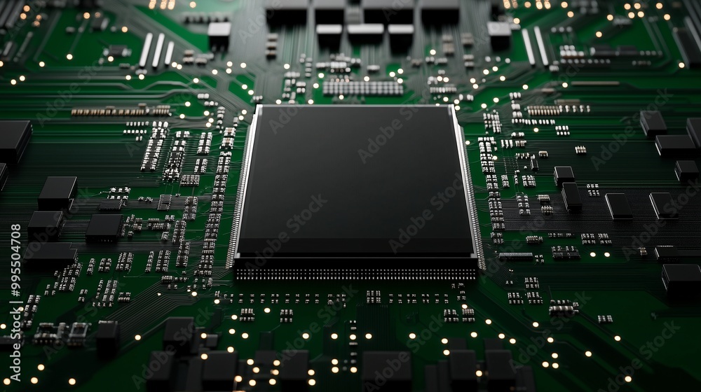 Close-up of a microchip on a circuit board, symbolizing technology, innovation, and electronics