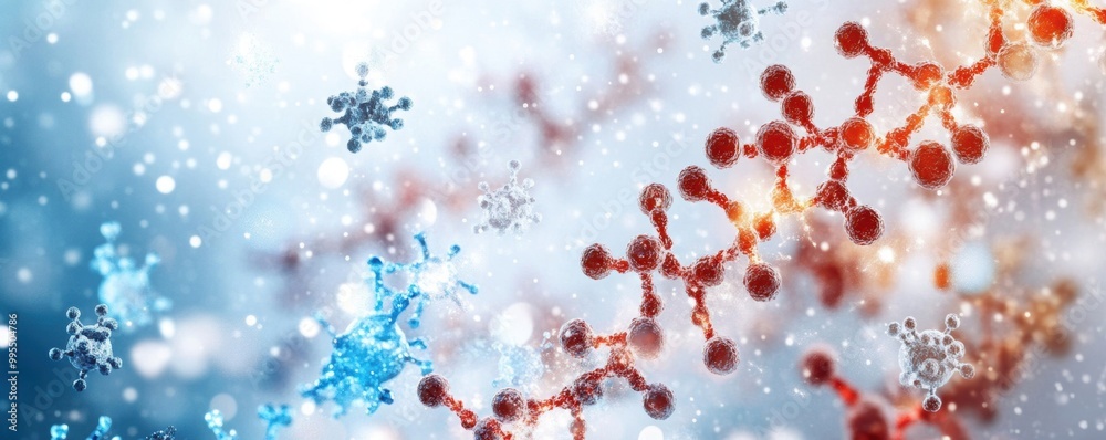 Vibrant molecular structures against a frosty blue background, showcasing intricate snowflake patterns and a dynamic blend of colors.