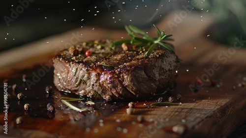 A perfectly seared steak with rosemary and peppercorns.