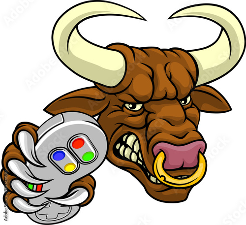 A bull or Minotaur monster longhorn cow angry mean video game gamer mascot cartoon character.