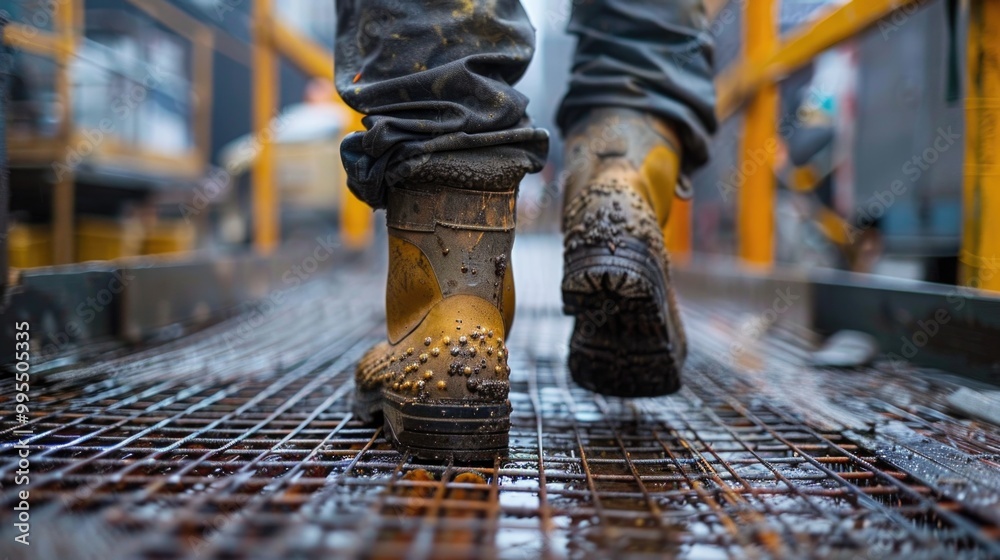 Close-up of a worker’s rugged boots stepping on a wet, industrial metal grate, conveying themes of hard work, durability, industry, and outdoor labor in a gritty, dynamic environment