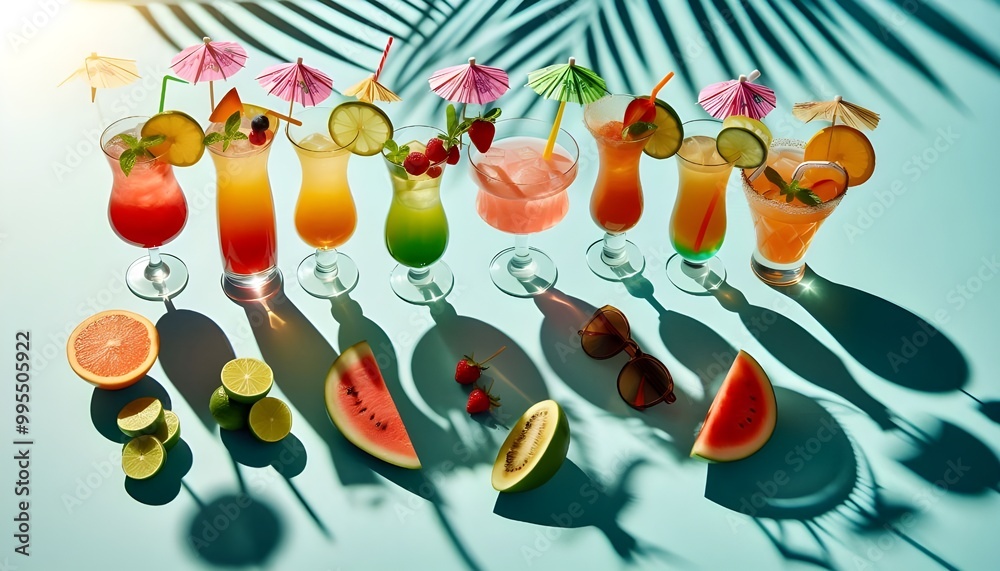 Naklejka premium A row of summer tropical holiday cocktails on a bright background with hard directional sun shadow