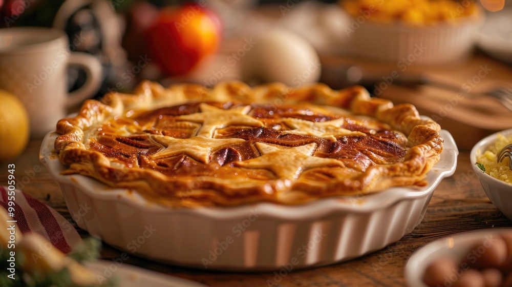 Golden-Baked Star-Patterned Pie on Rustic Wooden Table, beautifully baked pie with a golden crust decorated with star shapes sits on a rustic table surrounded by ingredients and other baked goods Golden-Baked Star-Patterned Pie on Rustic Wooden Table, beautifully baked pie with a golden crust decorated with star shapes sits on a rustic table surrounded by ingredients and other baked goods