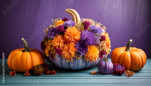 pumpkin, autumn, halloween, covered, with, flowers, orange, fall, thanksgiving, pumpkins, holiday, purple, colored, on, background, bohemian, style, vintage, flower, decoration, hippie, 3d, ad, art,  photo