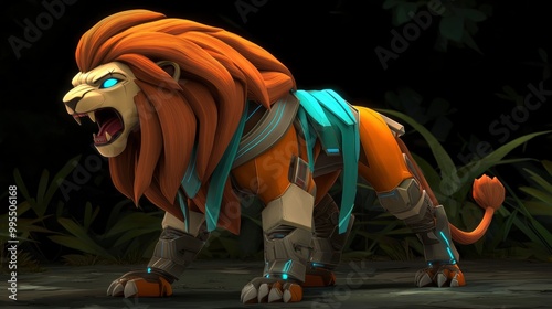 Fototapeta Naklejka Na Ścianę i Meble -  Robotic Lion in a Jungle Setting