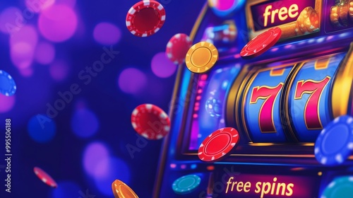 Wallpaper Mural Slot machine showing 777 and big win coins, with "free spins" on a blue background for a casino poster. Torontodigital.ca