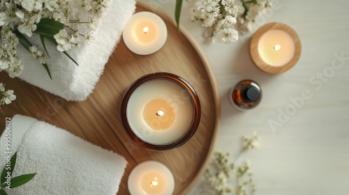 Beautiful spa treatment composition such as Towels, candles, essential oils, Massage Stones on light wooden background. blur living room, natural creams and moisturizing Healthy lifestyle, body care..