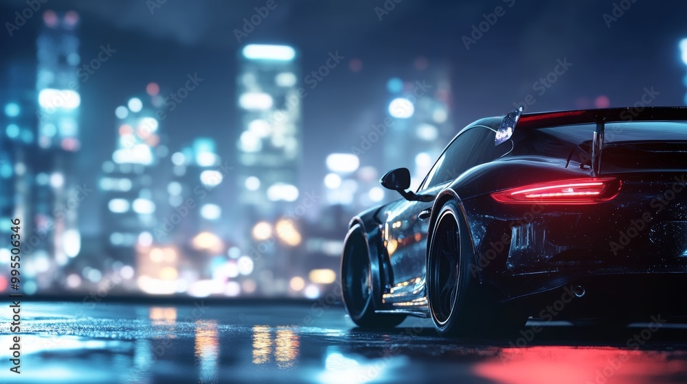 Sports car by the roadside at night with a modern city backdrop - Sports car by the roadside at night with a modern city backdrop -