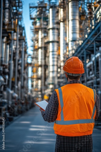 Photo-Realistic Image of Large Industrial Gas Plant with Engineer in Orange Safety Vest Holding Notebook


