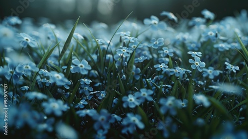 A bed of blooming forget-me-nots with their tiny, delicate blue flowers.