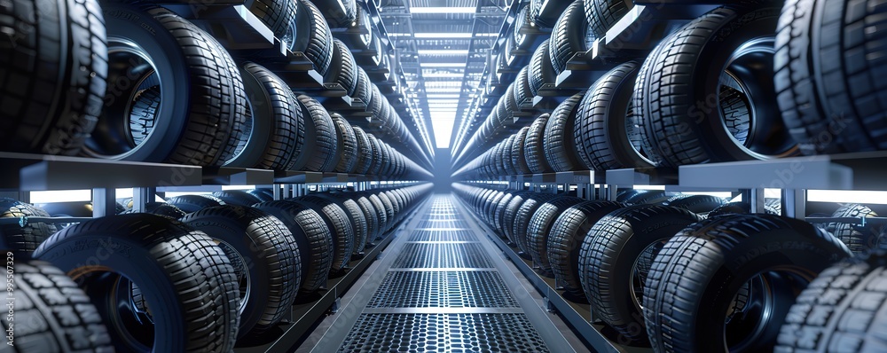 Fototapeta premium Rows of tires in a warehouse. A perspective shot down the length of the warehouse. Tires are stacked neatly in rows, making a repeating pattern.