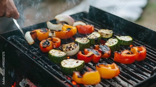 Close up shot of assorted grilled vegetables like peppers onions and zucchini sizzling on a portable camping grill against a rustic outdoor backdrop