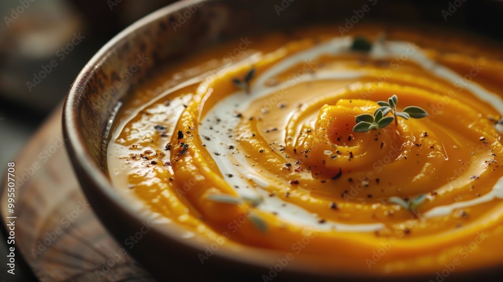 A bowl of creamy butternut squash soup with a swirl of cream.