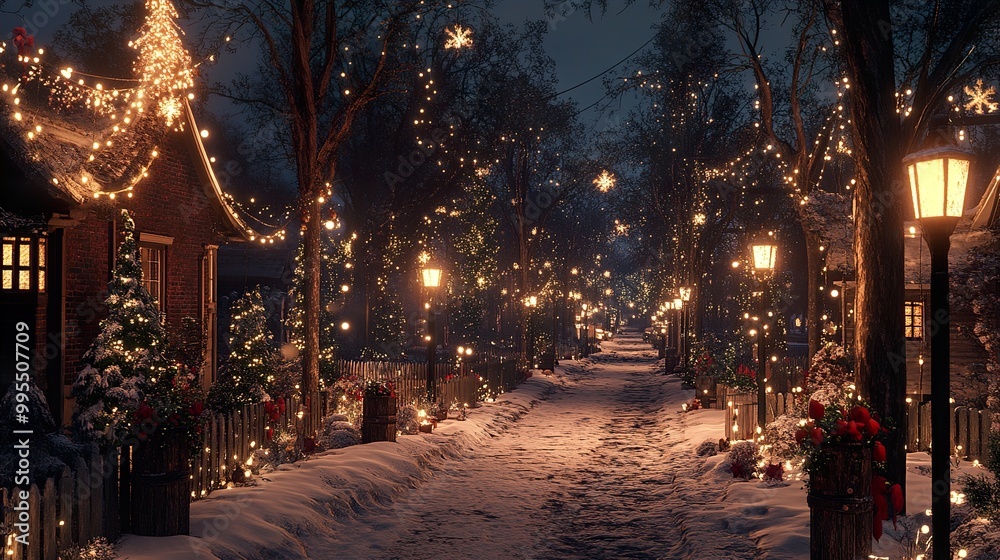 Snowy Christmas Street with Festive Lights Snowy Christmas Street with Festive Lights