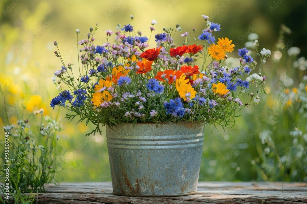 A rustic metal bucket filled with a colorful bouquet of wildflowers A rustic metal bucket filled with a colorful bouquet of wildflowers