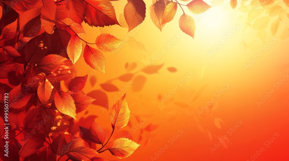 Fototapeta premium A background with shades of red and orange, like a sunset, with autumn leaves around it.
