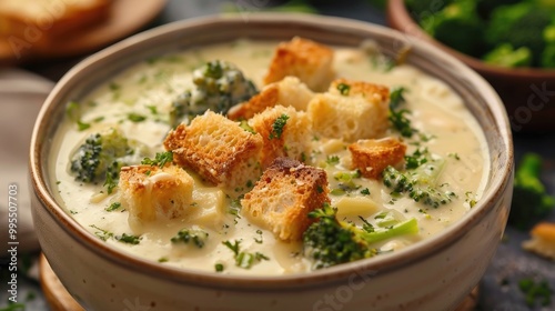 A bowl of creamy broccoli cheddar soup with croutons.