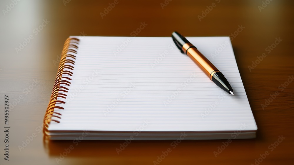 A blank notepad and pen ready for writing sit on a desk. A blank notepad and pen ready for writing sit on a desk.