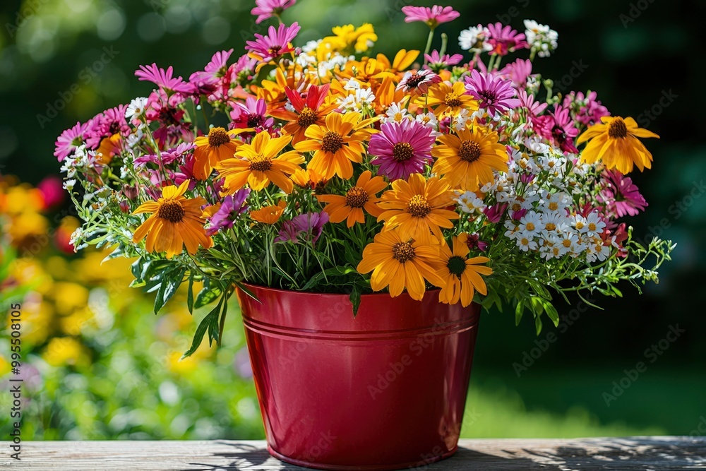 Colorful Flower Bouquet in a Red Bucket on a Wooden Surface Colorful Flower Bouquet in a Red Bucket on a Wooden Surface