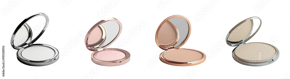 Collection of compact powder cases with mirrors isolated on white background Collection of compact powder cases with mirrors isolated on white background