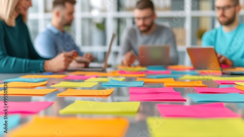 Colorful Sticky Notes on a Table with Blurred Business People in the Background