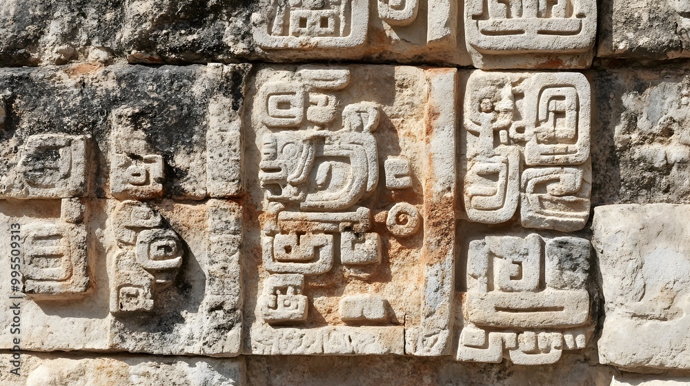 Closeup view of an intricate hieroglyphic inscription carved into a stone monument depicting a historical narrative or events from the ancient Mesoamerican civilization Closeup view of an intricate hieroglyphic inscription carved into a stone monument depicting a historical narrative or events from the ancient Mesoamerican civilization