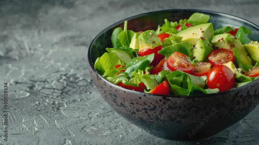 A bowl of fresh green salad with avocado and cherry tomatoes. A bowl of fresh green salad with avocado and cherry tomatoes.