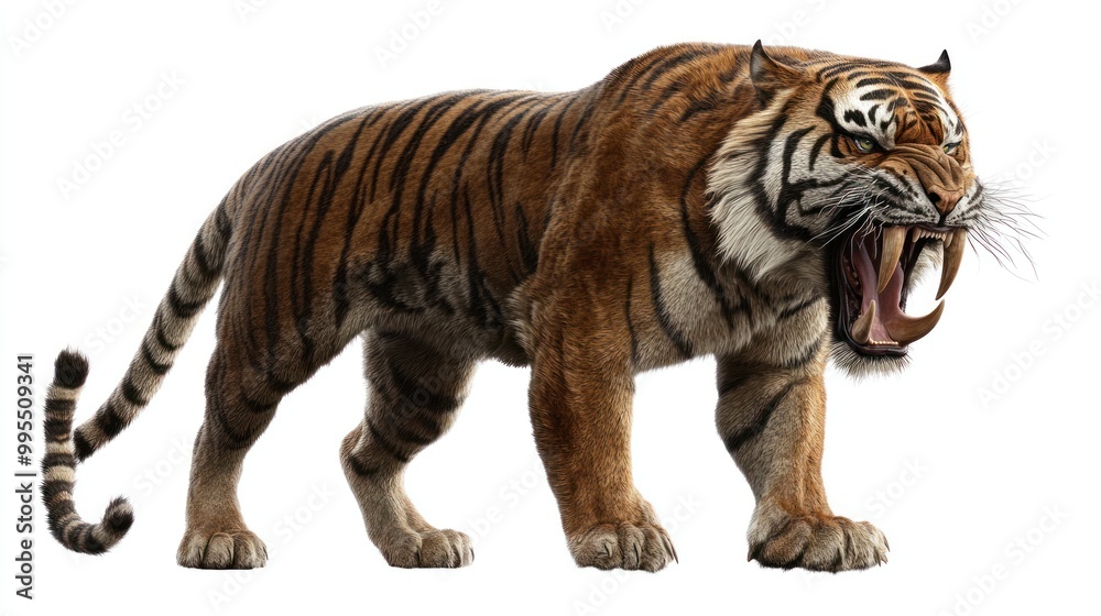 Obraz premium A sabre-toothed tiger, isolated from background, showcasing its long fangs and muscular body