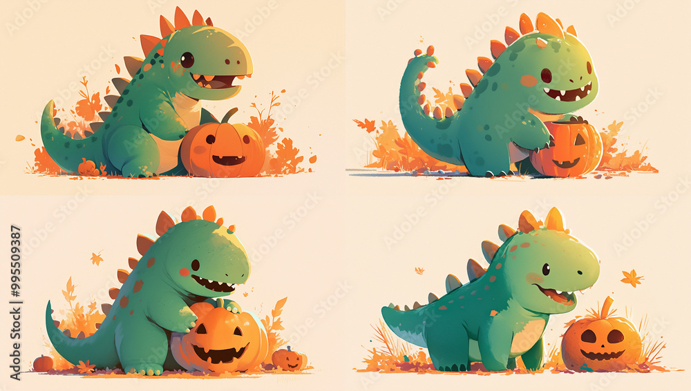 Naklejka premium Halloween Day, Halloween Pumpkins, Halloween Dinosaurs