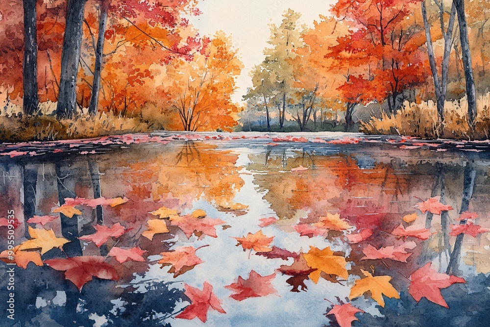 Φωτογραφία Watercolor Painting of Tranquil Pond Blanketed with Fallen Leaves, Autumn Canopy