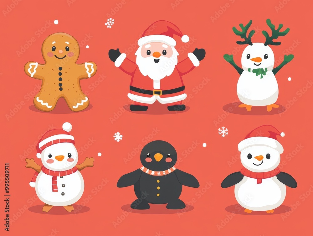 2408 26.A festive vector banner set featuring a cute collection of Christmas characters including Santa Claus, a smiling gingerbread man, a jolly snowman, a playful reindeer, a cheerful penguin, and 2408 26.A festive vector banner set featuring a cute collection of Christmas characters including Santa Claus, a smiling gingerbread man, a jolly snowman, a playful reindeer, a cheerful penguin, and