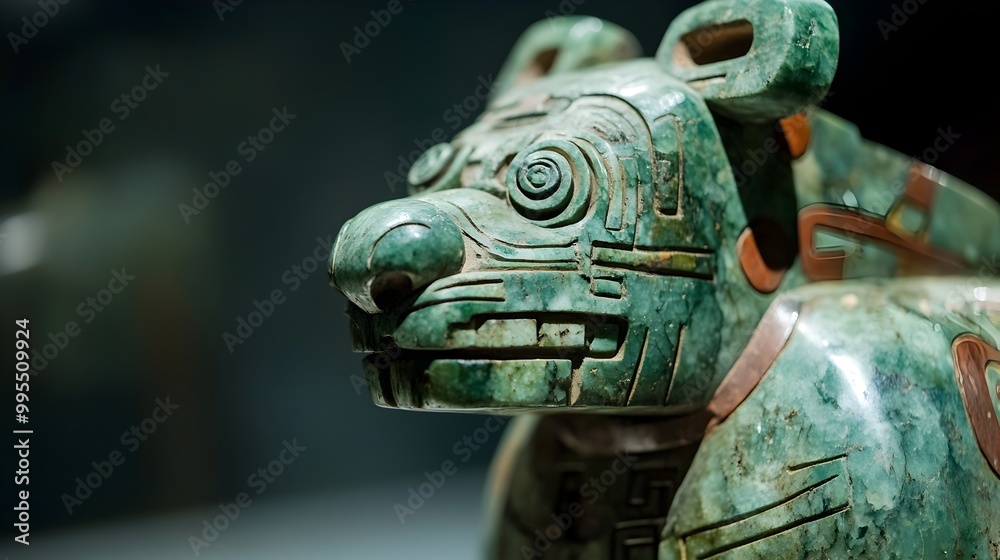 Fototapeta premium Detailed jade sculpture of a majestic jaguar a powerful symbol representing the underworld and cultural beliefs in Mesoamerican mythology and heritage