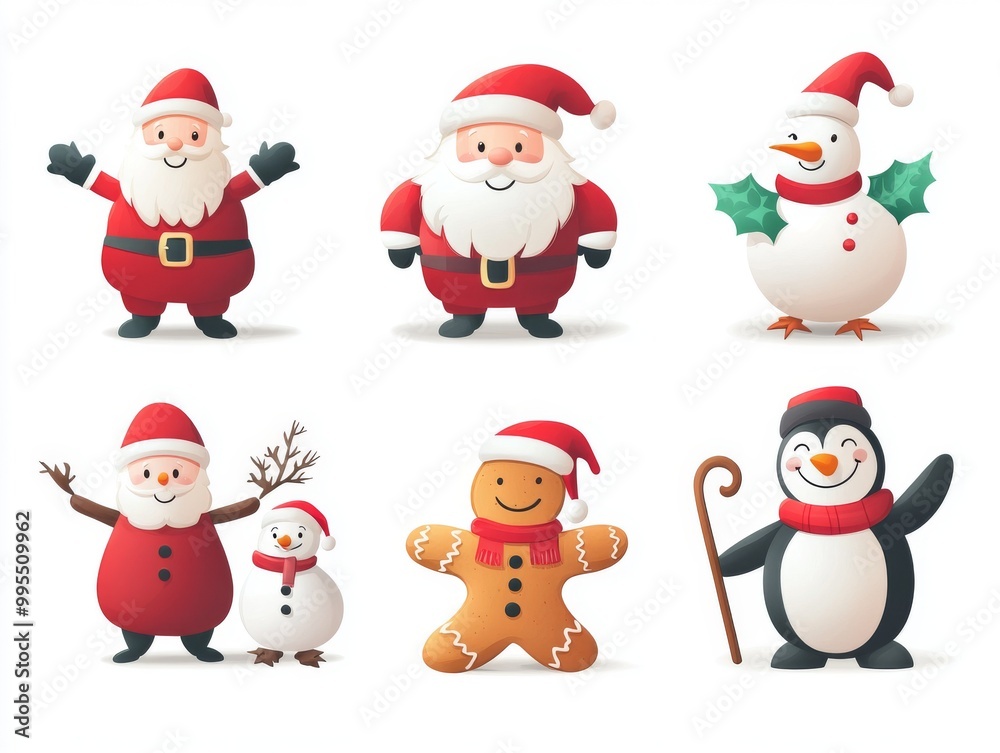 2408 29.A vector illustration of Christmas characters, including a cheerful Santa Claus, a gingerbread man with a smile, a snowman holding a broom, a reindeer with a red nose, a penguin waving, and a 2408 29.A vector illustration of Christmas characters, including a cheerful Santa Claus, a gingerbread man with a smile, a snowman holding a broom, a reindeer with a red nose, a penguin waving, and a