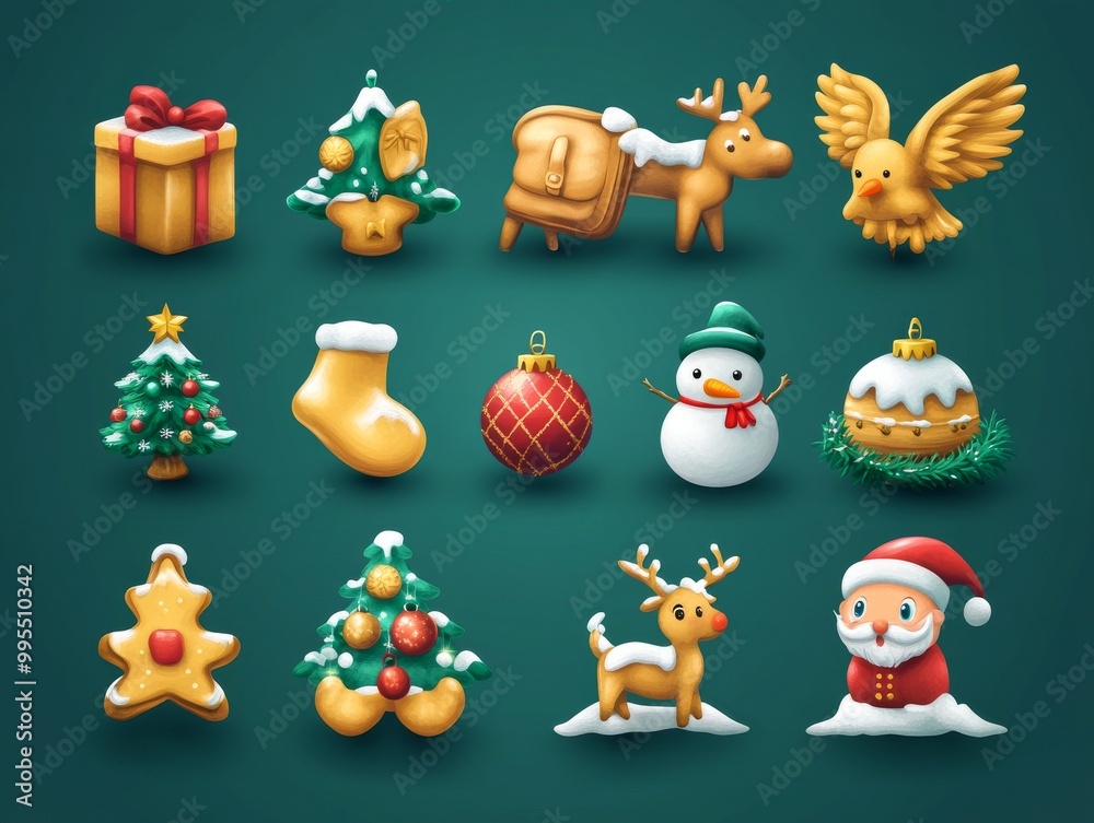 2408 34.A festive Christmas vector collection of icons, featuring iconic elements such as a jingle bell, Santa with his sack, a reindeer prancing through the snow, an angel with wings, a nutcracker 2408 34.A festive Christmas vector collection of icons, featuring iconic elements such as a jingle bell, Santa with his sack, a reindeer prancing through the snow, an angel with wings, a nutcracker