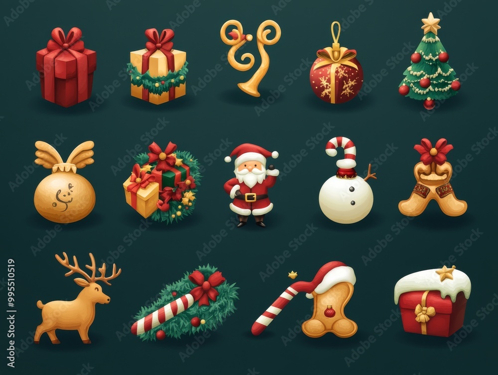 Fototapeta premium 2408 35.A vector icon set featuring classic Christmas elements, including a bell with a red ribbon, Santa Claus holding presents, a reindeer with holly on its antlers, an angel with a trumpet, a