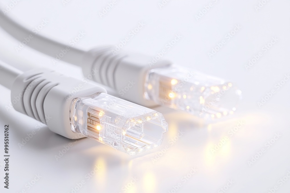 White Ethernet cables connected to a network grid symbolizing secure communication data transmission and modern IT infrastructure in a tech driven environment White Ethernet cables connected to a network grid symbolizing secure communication data transmission and modern IT infrastructure in a tech driven environment