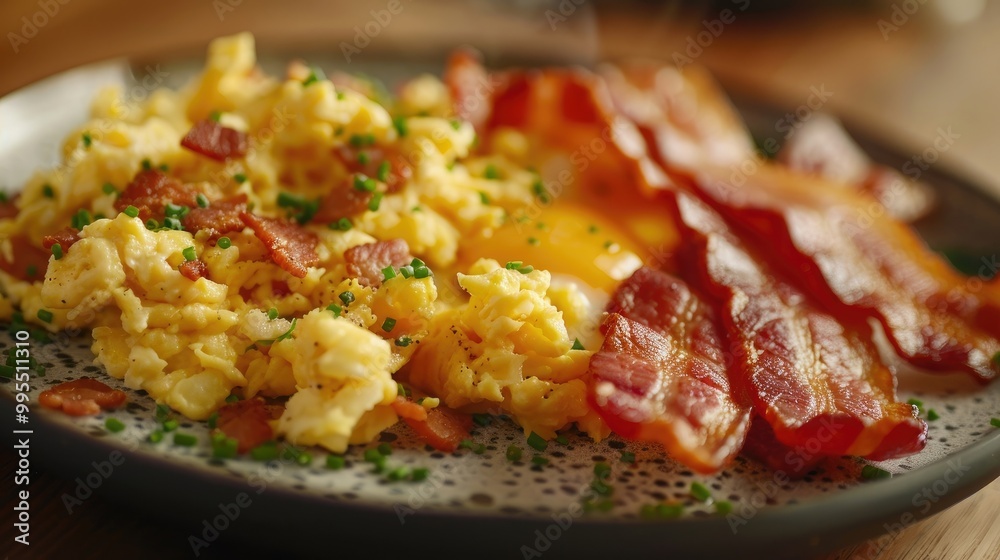 A plate of crispy bacon with scrambled eggs. A plate of crispy bacon with scrambled eggs.