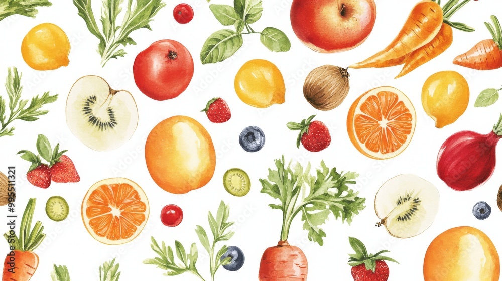 A repeating design featuring fruits and vegetables.