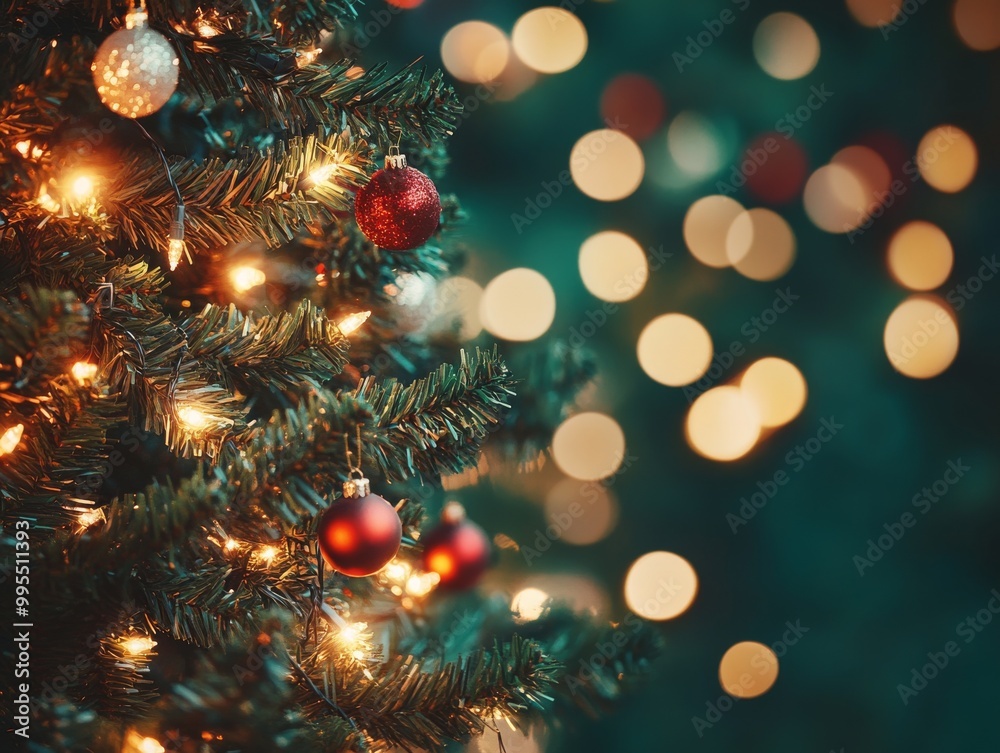 2408 44.A defocused Christmas tree with twinkling lights in red, green, and yellow hues, creating a magical holiday atmosphere. The lights create a beautiful bokeh effect, with soft, warm tones