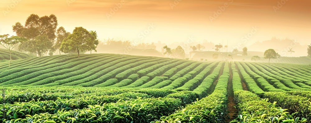 Scenic landscape of a tea plantation during sunrise. Rolling hills of green tea bushes with a misty background. Scenic landscape of a tea plantation during sunrise. Rolling hills of green tea bushes with a misty background.