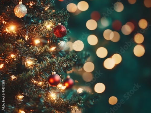 2408 44.A defocused Christmas tree with twinkling lights in red, green, and yellow hues, creating a magical holiday atmosphere. The lights create a beautiful bokeh effect, with soft, warm tones
